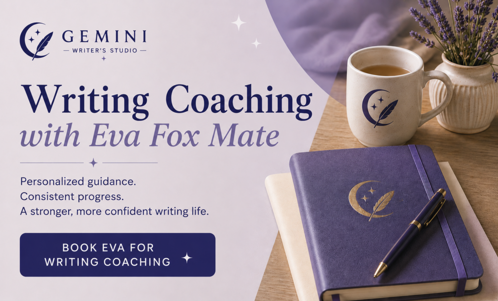 Writing coaching ad with notebook, pen, coffee