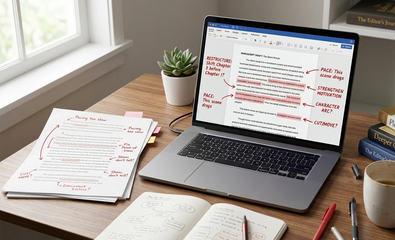 Laptop and edited manuscript with red corrections