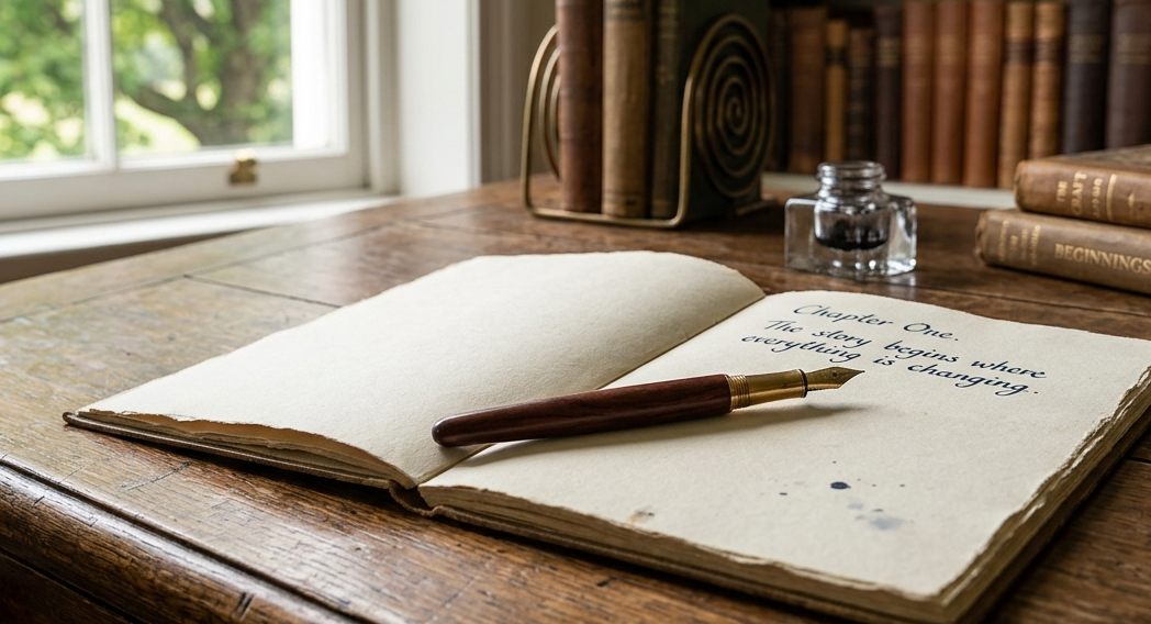 Open notebook with fountain pen and ink bottle