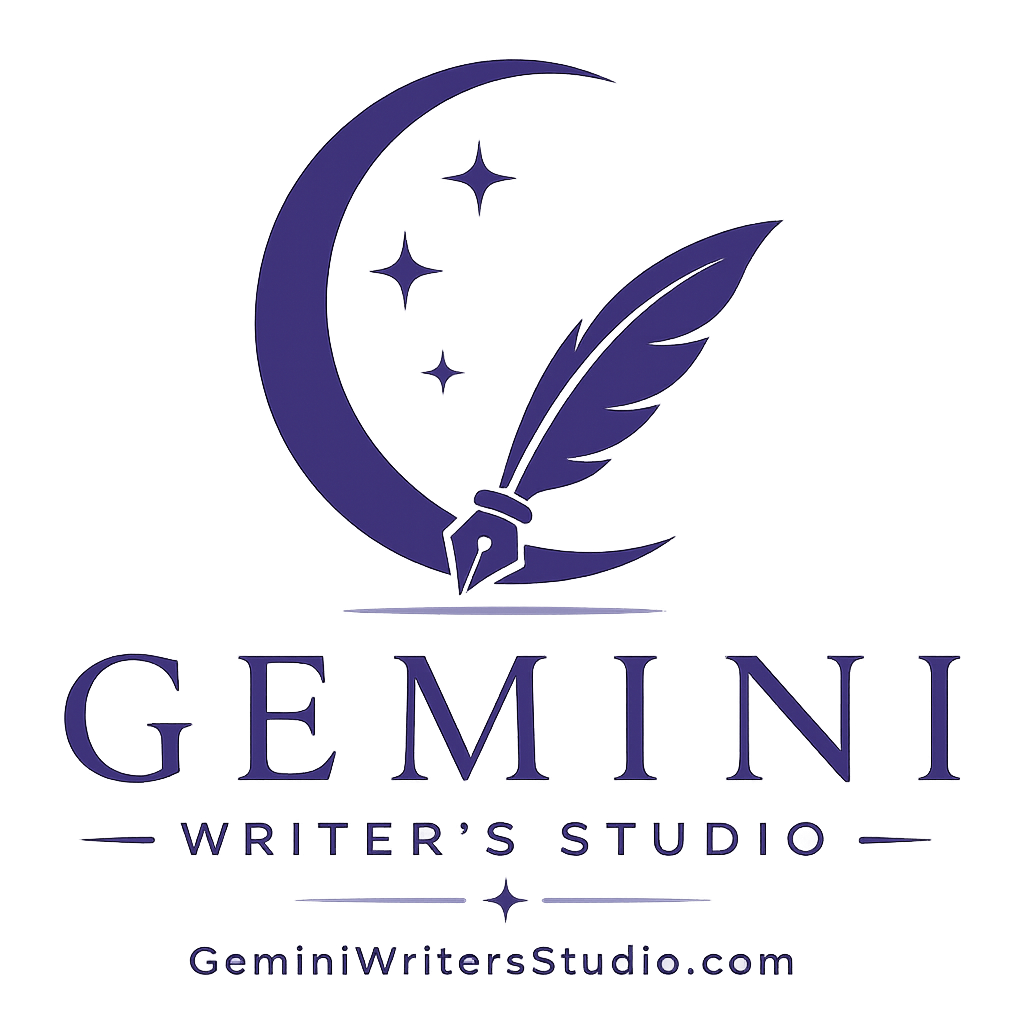 Gemini Writer's Studio purple moon and quill logo