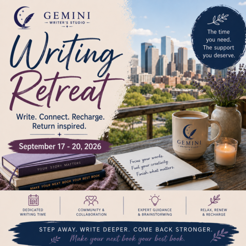 Writing retreat poster with notebook and skyline