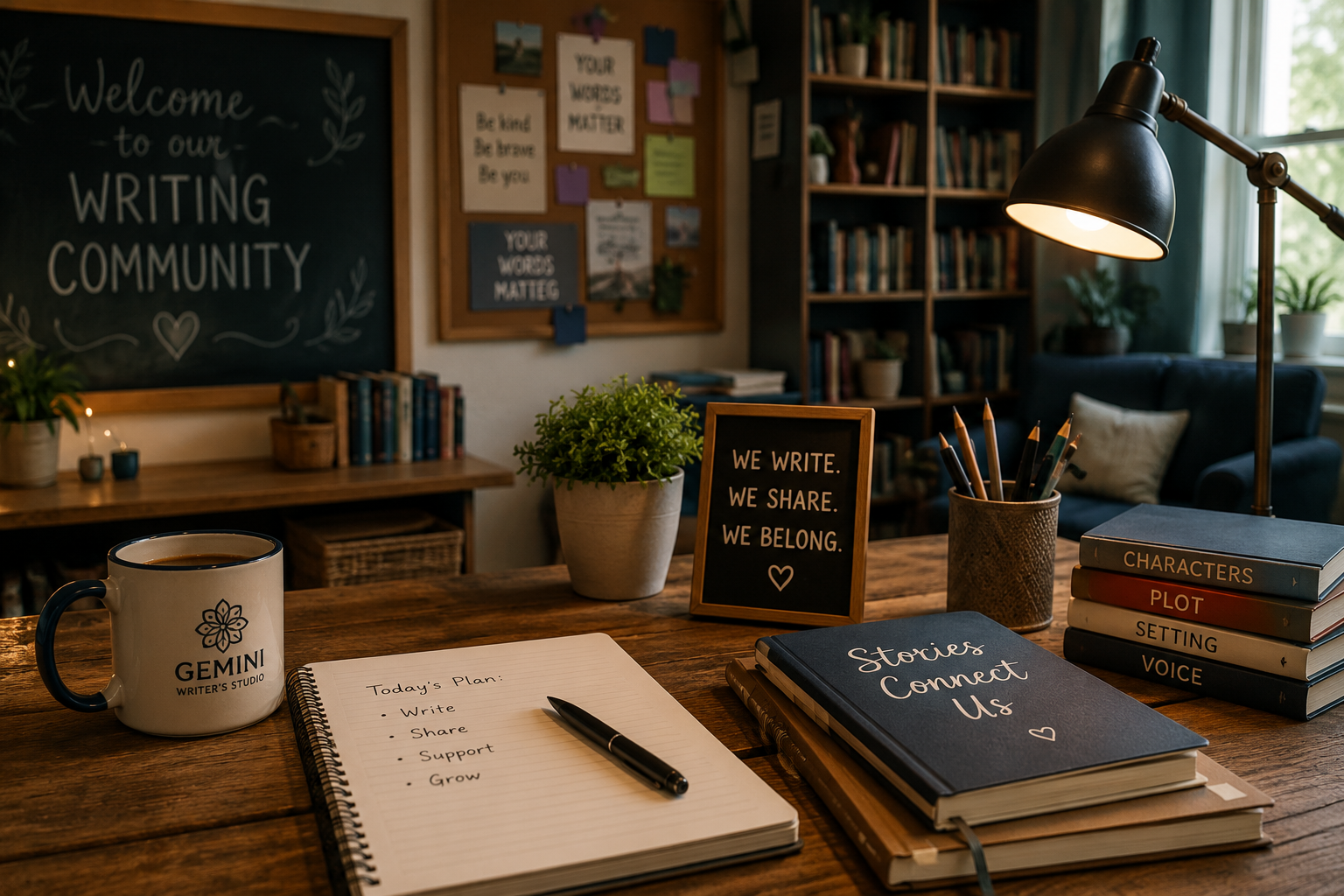 Cozy writing community workspace with notebooks and books